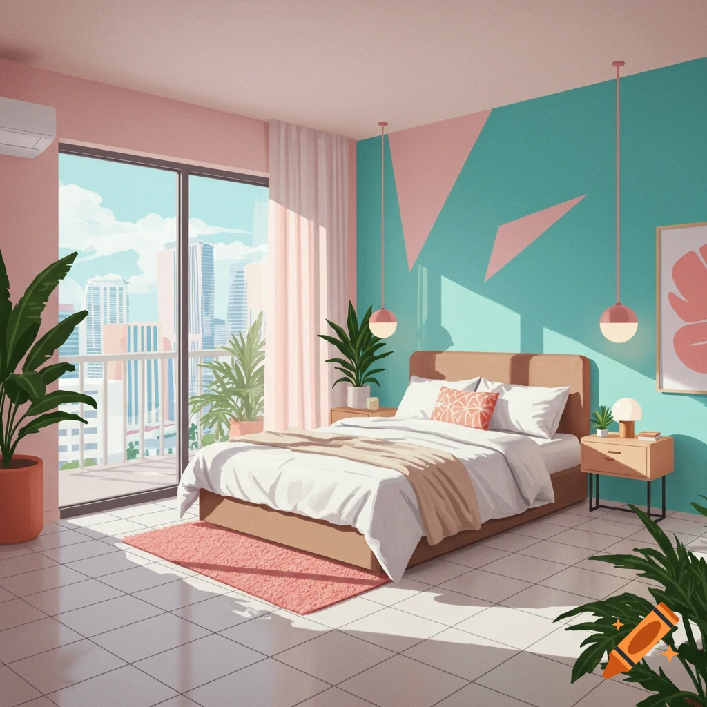Pastel bedroom with a large window overlooking a city, in a Miami style.