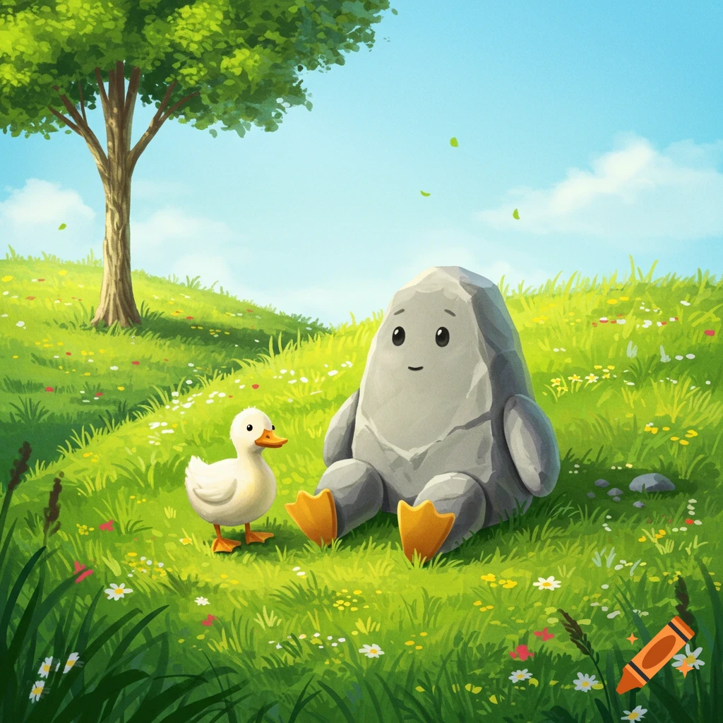 A cute rock character sits next to a duck on a grassy hill with a tree.