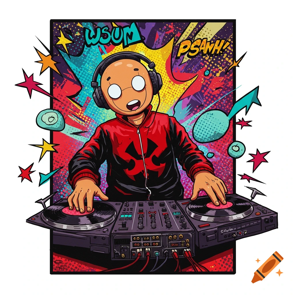 Cartoon character with headphones DJing, surrounded by colorful geometric shapes and comic-style text
