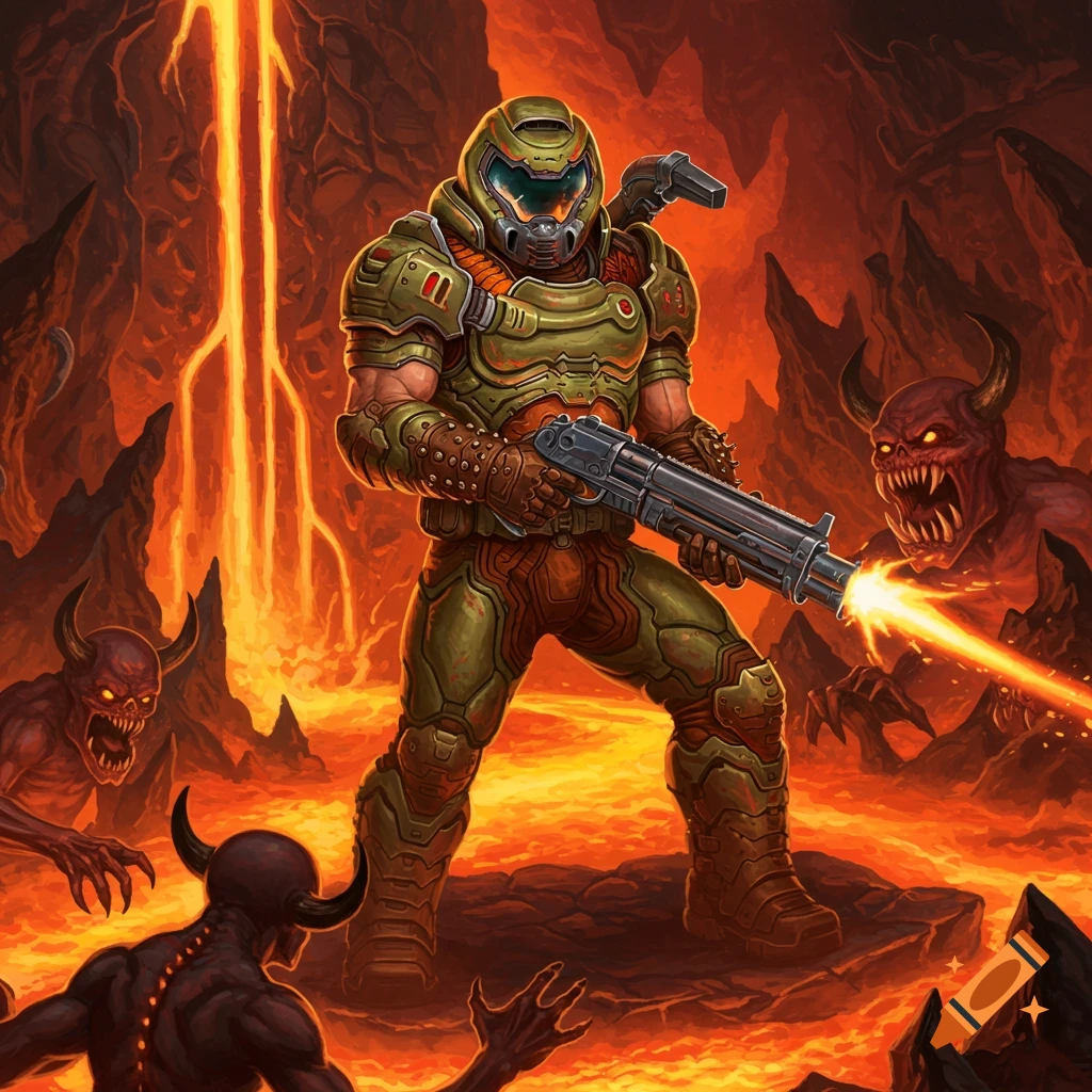 Doom Slayer in armor fighting demons in a lava cave.