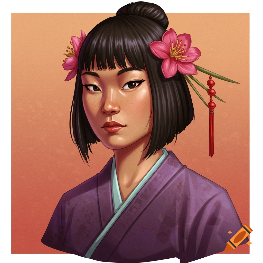 Portrait of a young woman with dark hair and bangs, wearing a purple traditional robe with pink flowers in her hair.
