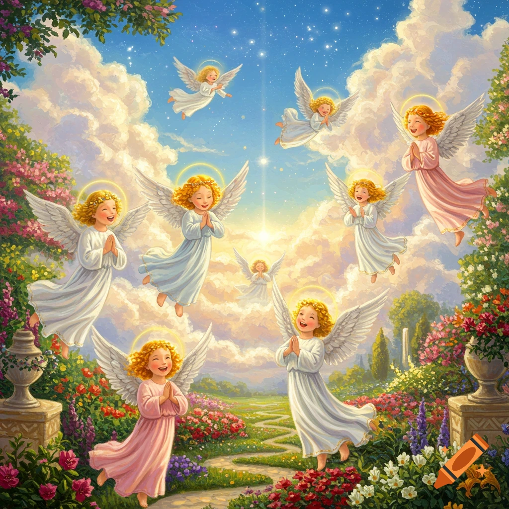 Joyful angels flying and floating in a lush garden with clouds and starry sky.