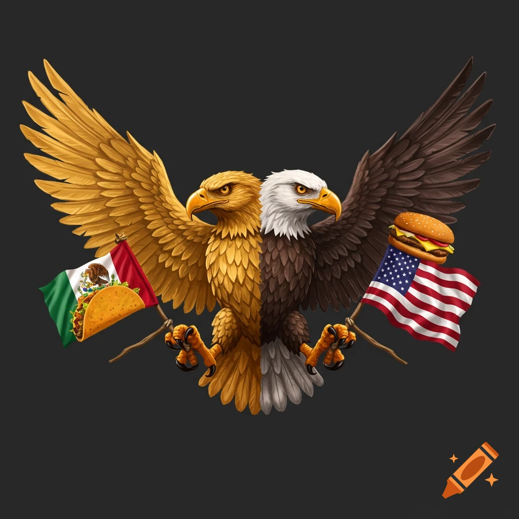 Stylized double-headed eagle holding Mexican and US flags with a taco and hamburger