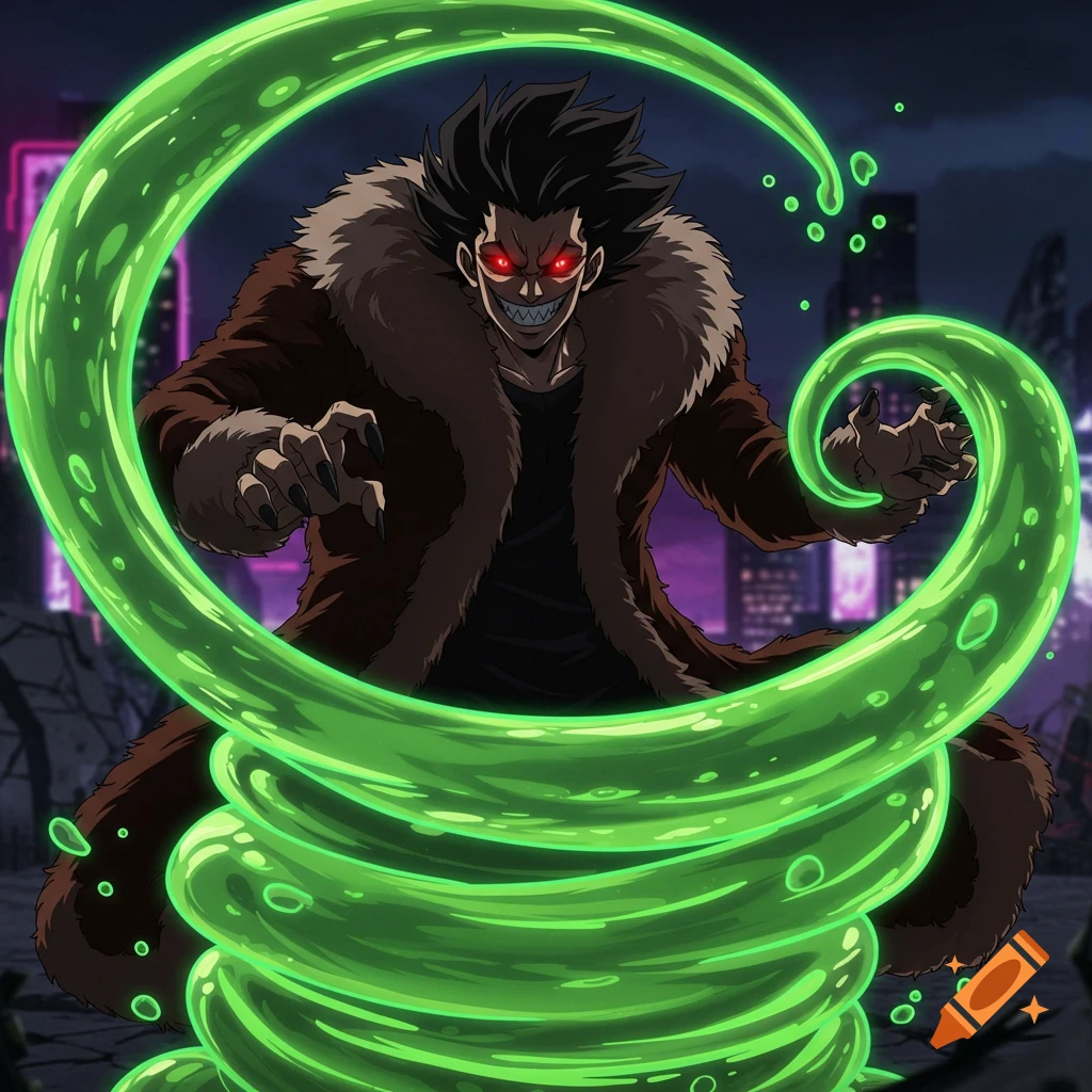An anime villain with red eyes, sharp teeth, and a fur coat, surrounded by glowing green goo.
