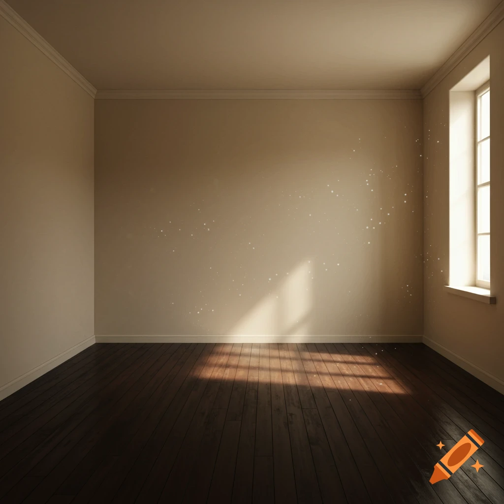 Empty room with sunlight from a window illuminating the floor and wall, with sparkling dust motes.