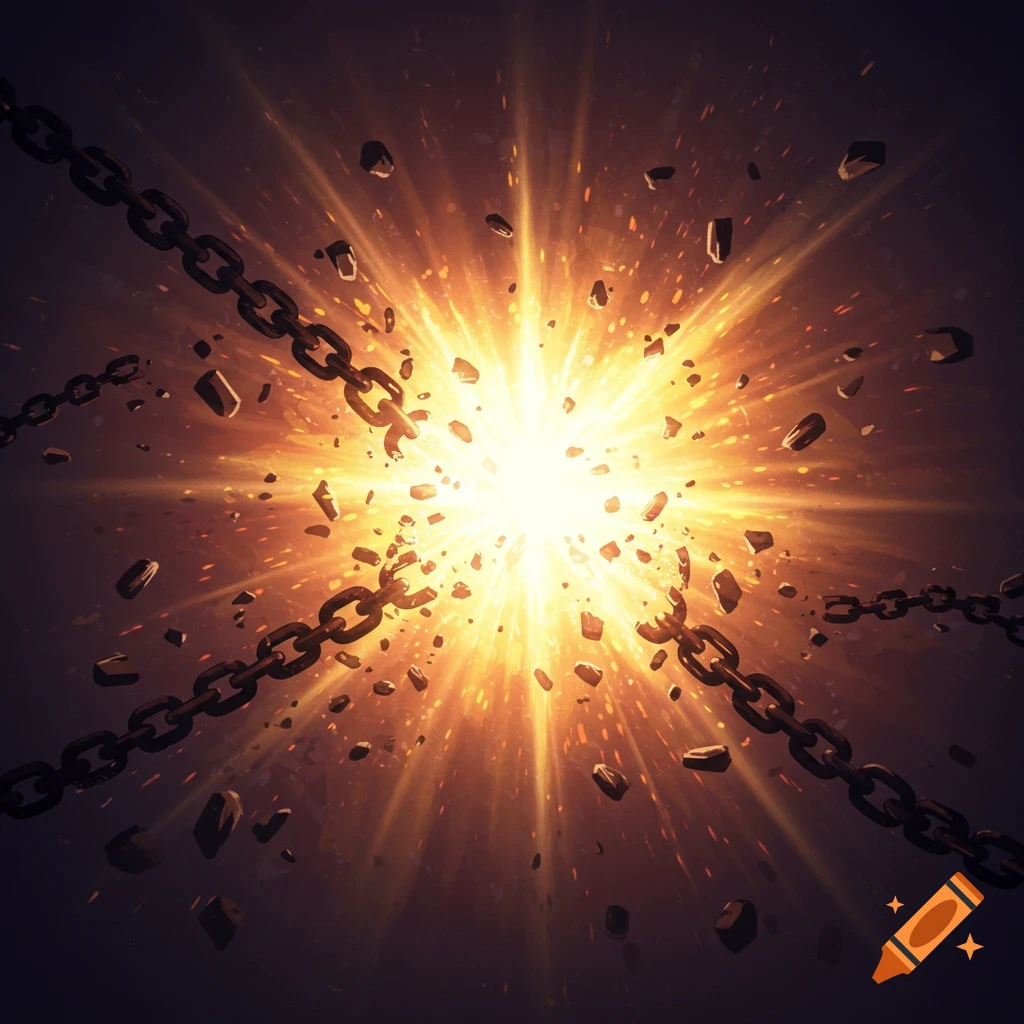 Broken chains burst apart in a bright explosion of light and particles.