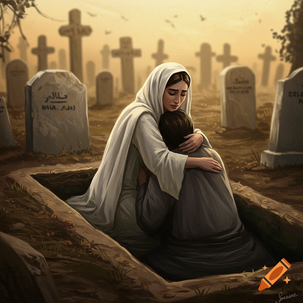 A person in a white cloak embracing someone sitting in a grave.