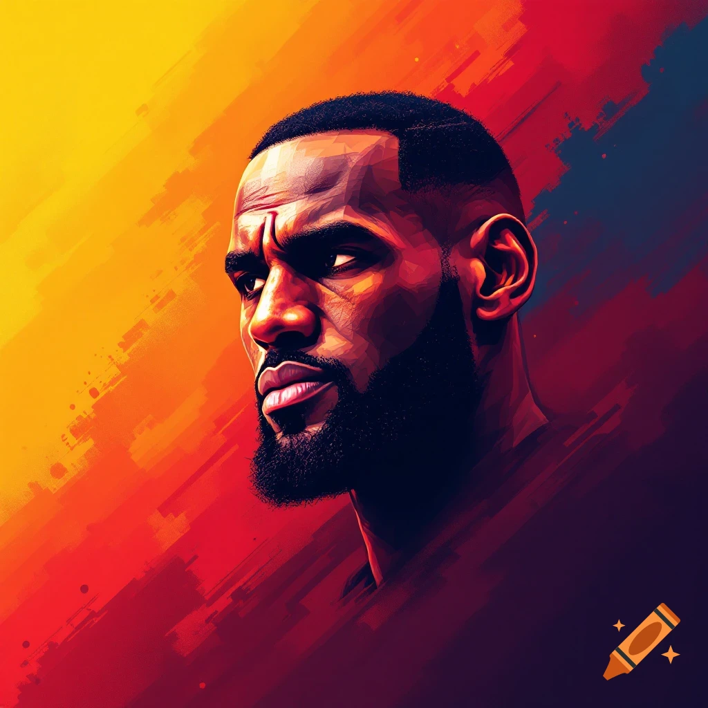 Stylized portrait of LeBron James against a vibrant red and yellow background.