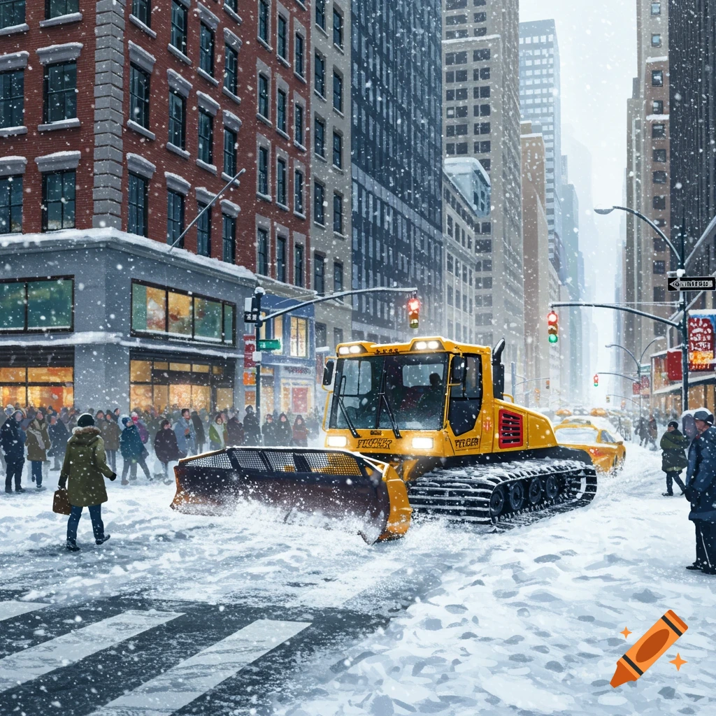 A yellow snowplow clears a snowy city street with tall buildings and people walking by.