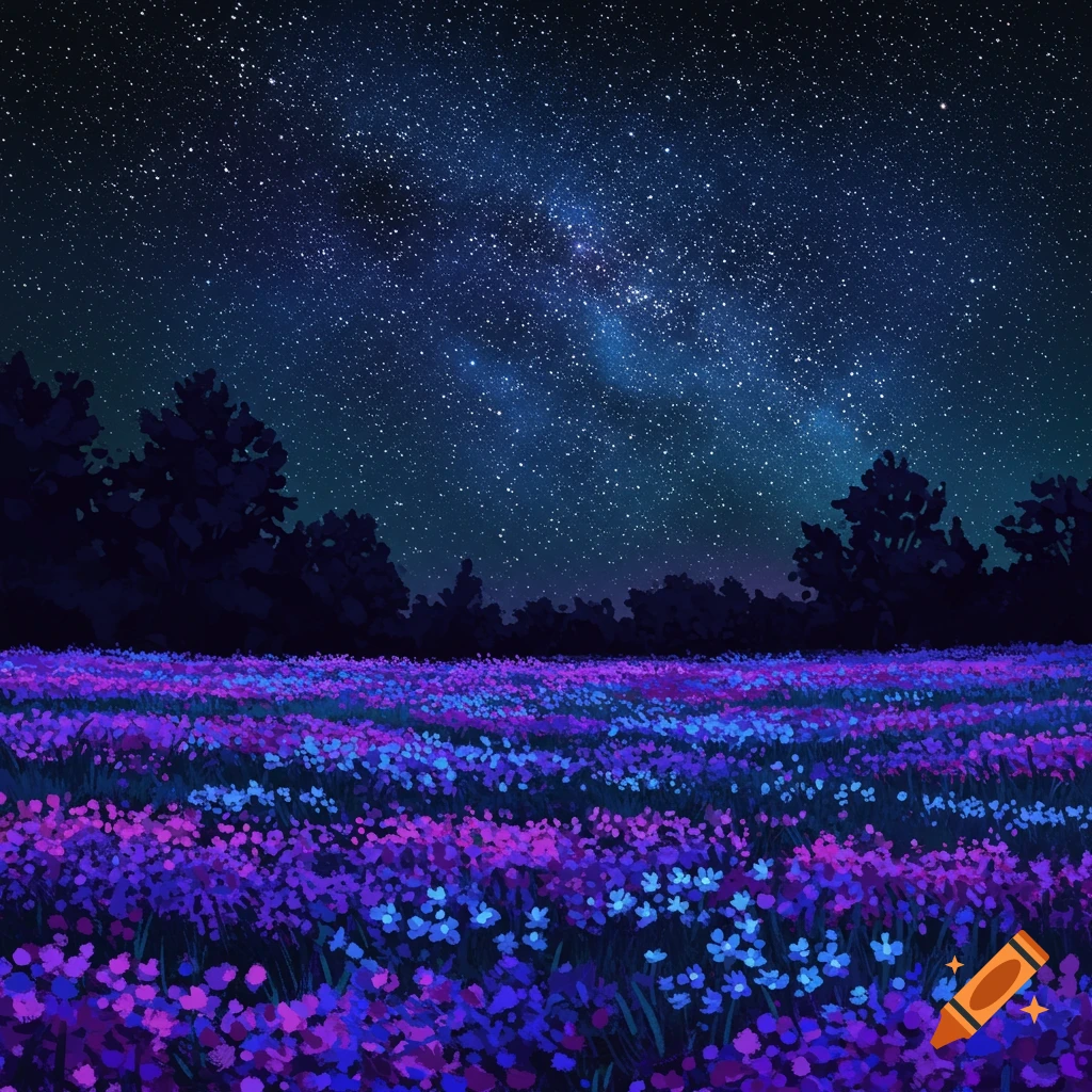A field of purple and blue flowers under a starry night sky with trees.