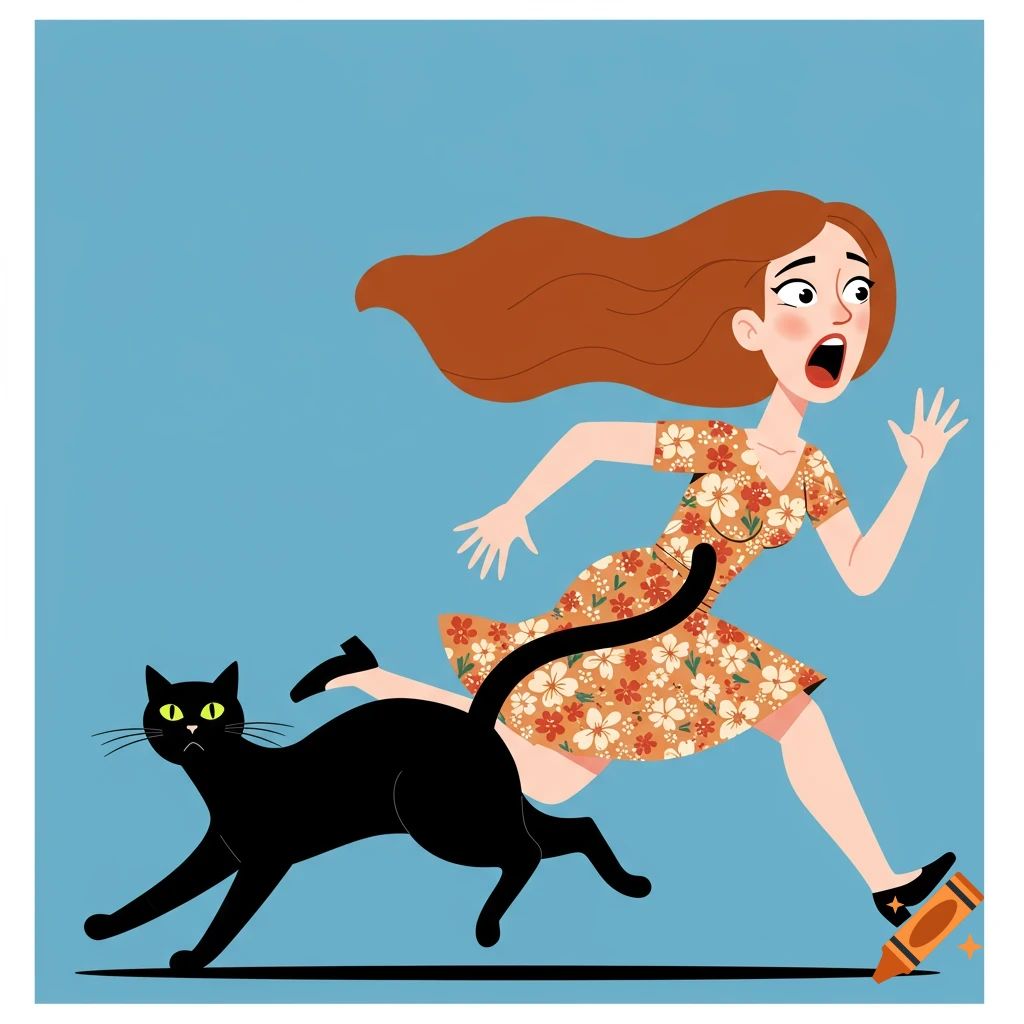Vector illustration of a scared woman being chased by a black cat.