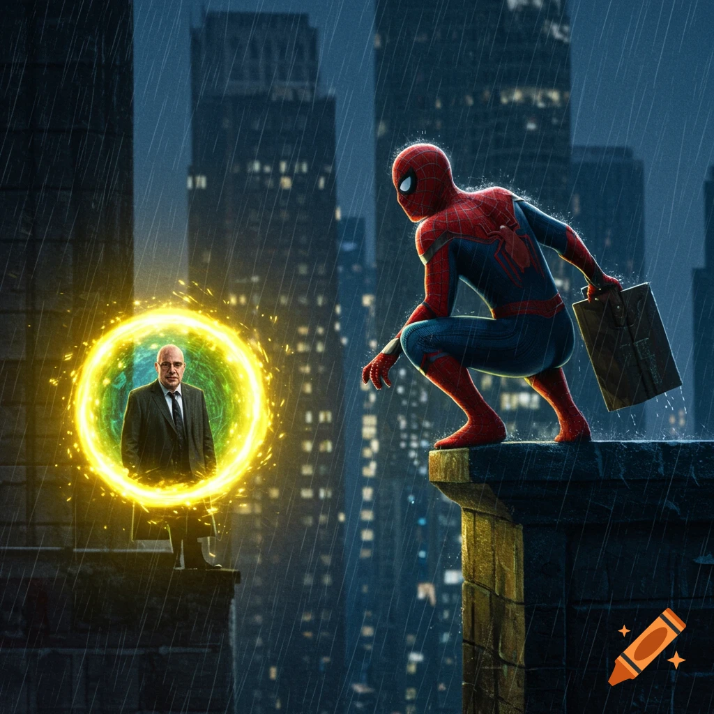 Spider-Man on a rainy rooftop looking at a man in a glowing portal with a city backdrop.