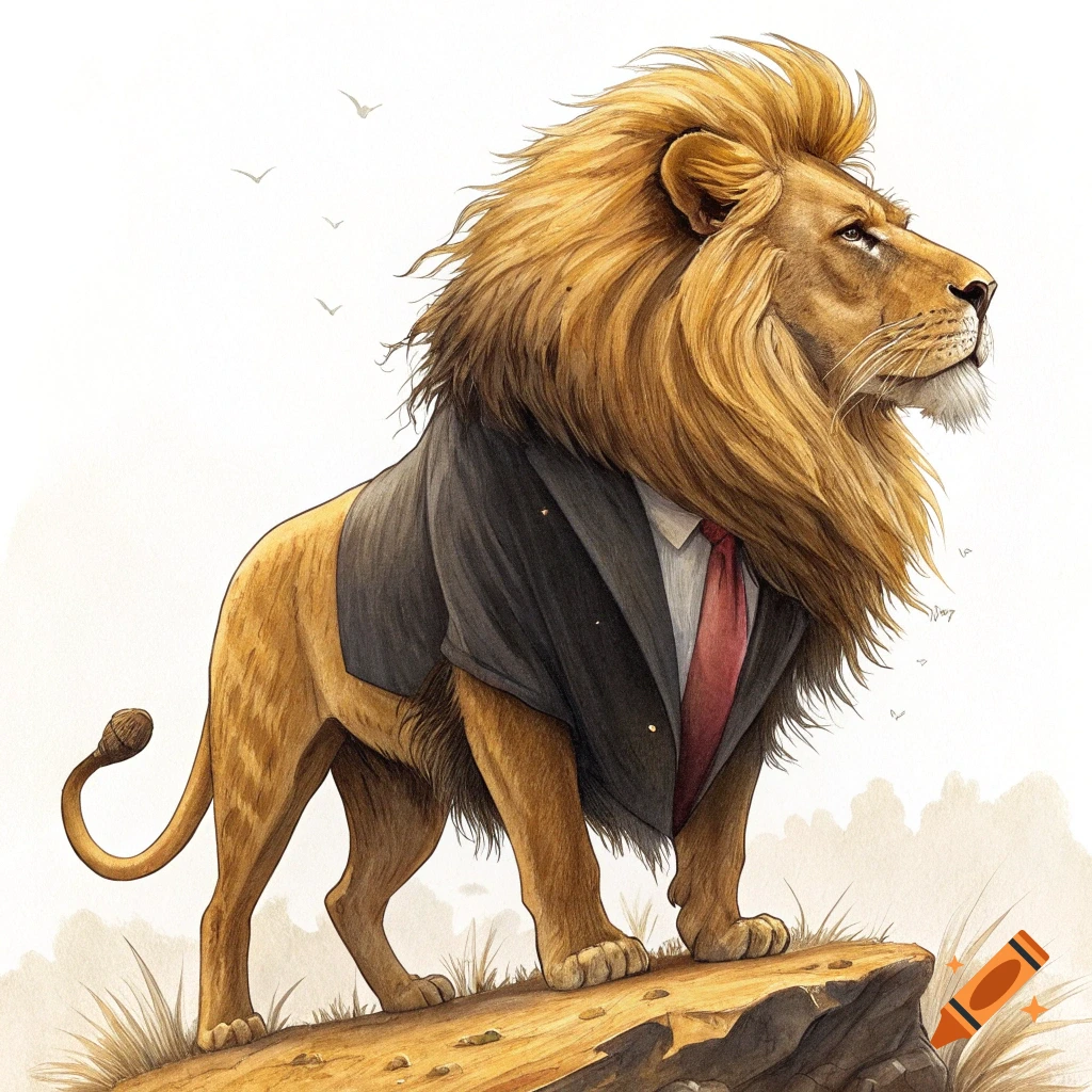 An anthropomorphic lion in a suit stands on a rock, looking right. Illustrated.
