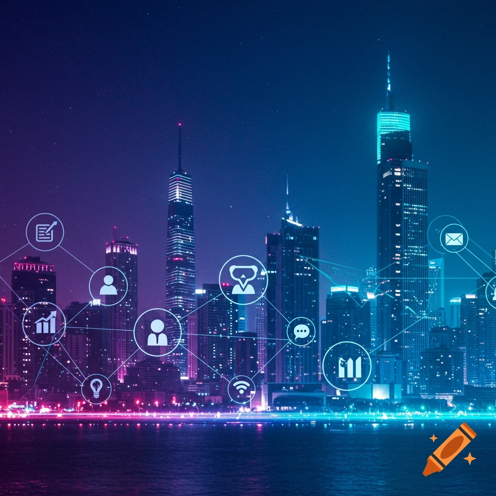 Digital art of a city skyline at night with overlaid technology icons and network connections.