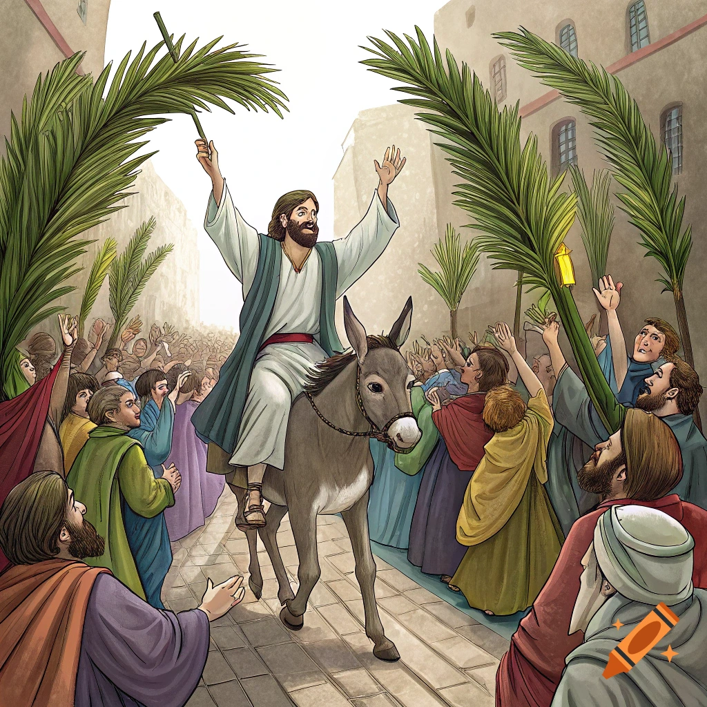 Illustration of Jesus on a donkey riding through a crowd waving palm branches