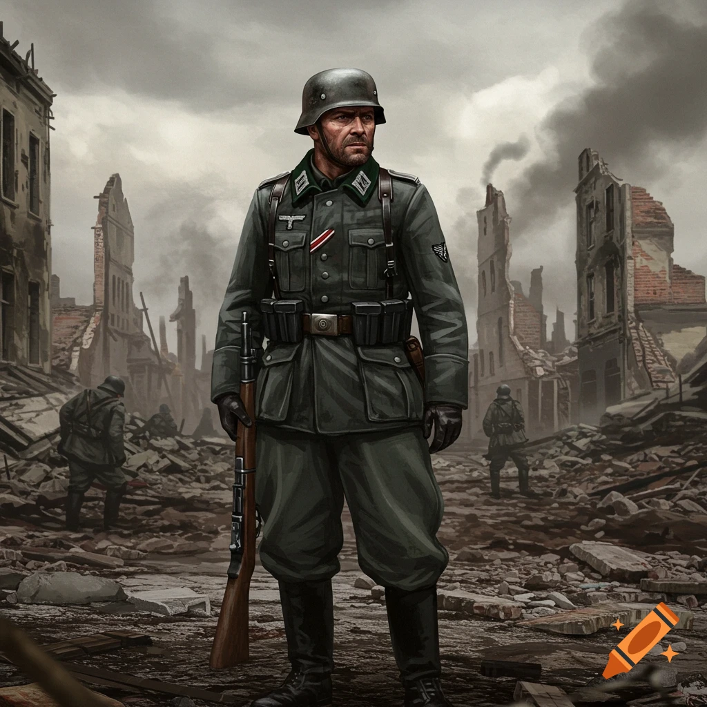 A soldier in a grey uniform holding a rifle is standing in a ruined city.