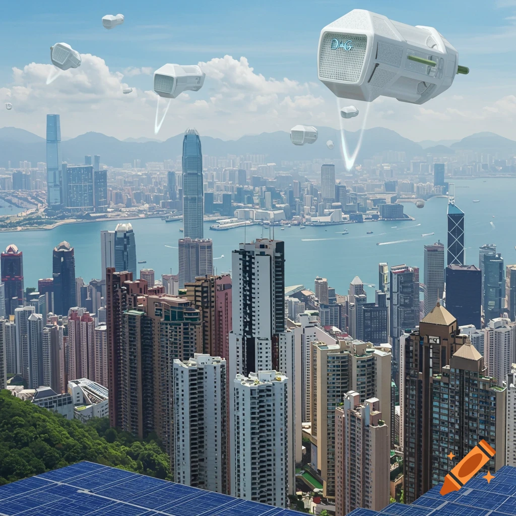 Futuristic Hong Kong cityscape with flying air filters and solar panels.