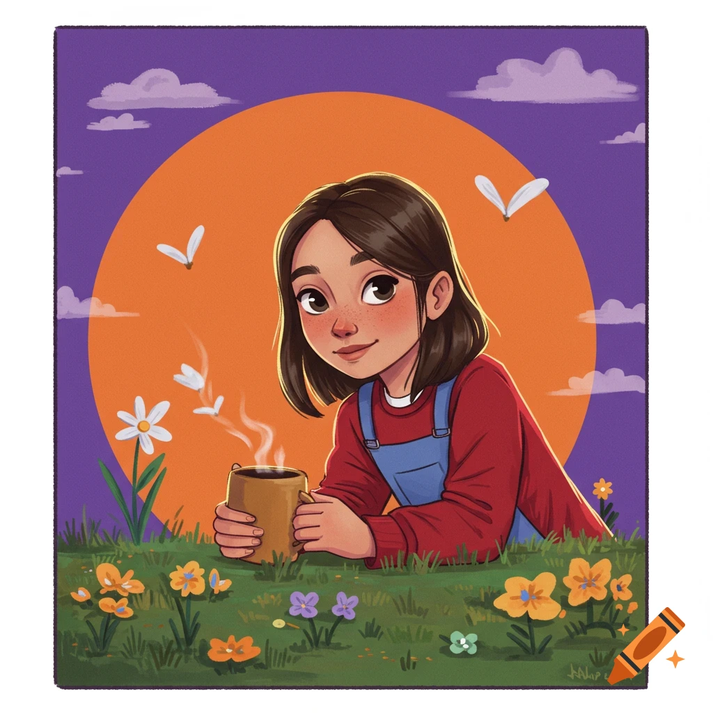 Digital illustration of a smiling girl in a field of flowers holding a steaming mug.