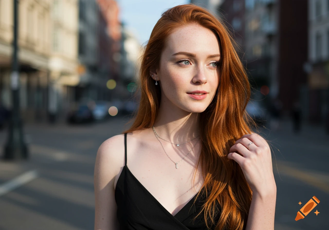 A portrait of a red-haired woman on a city street