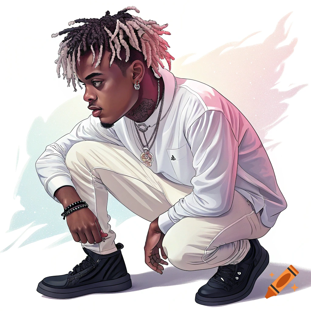 Illustration of a man with dreadlocks, white shirt and pants, and black shoes, squatting.