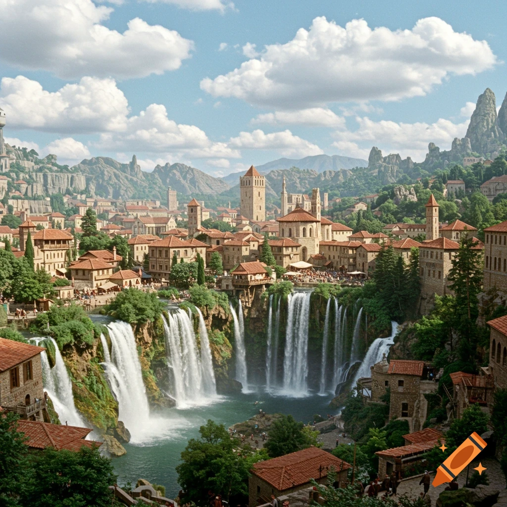 Panoramic view of a fantasy city built above large waterfalls surrounded by mountains under a cloudy sky.