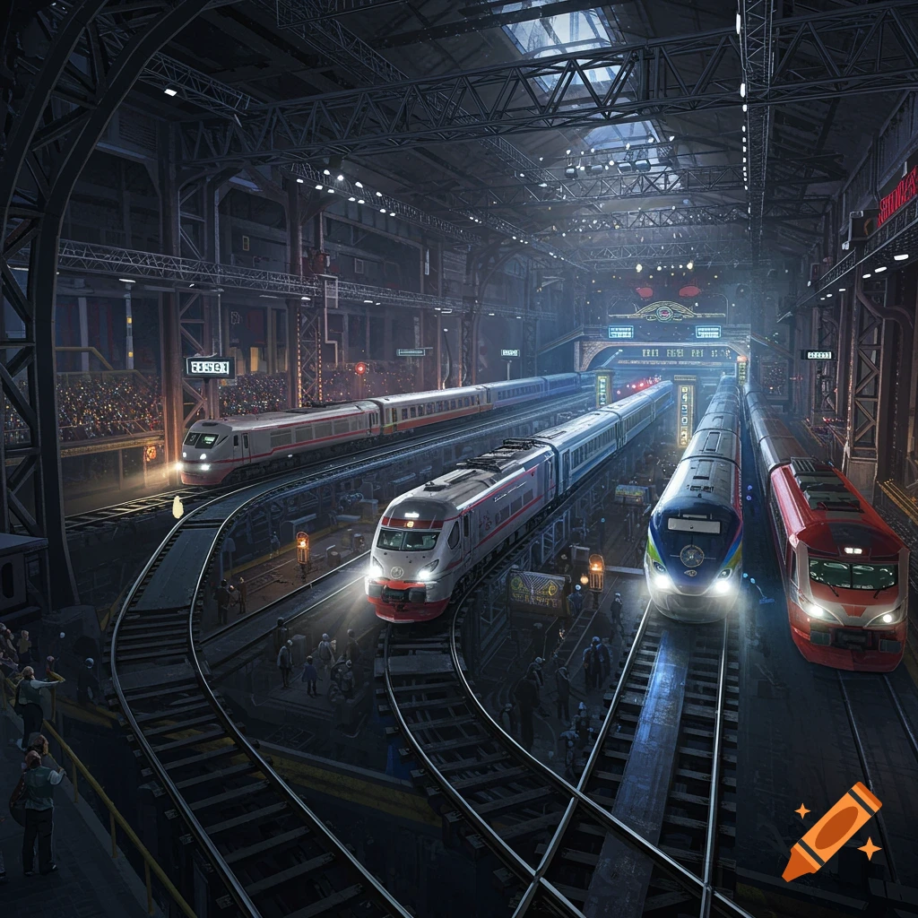 A large, detailed train station with multiple trains, tracks, and people.
