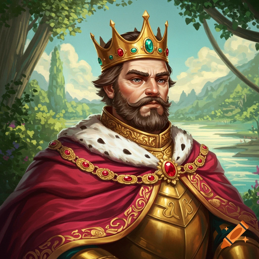 Portrait of a bearded king in a crown and red cloak