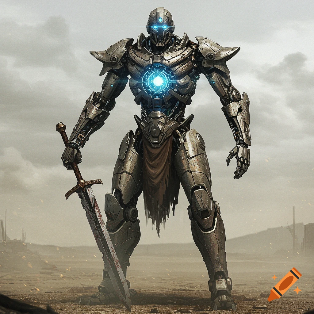 Detailed robot warrior with glowing blue core and bloody sword in a desolate wasteland.