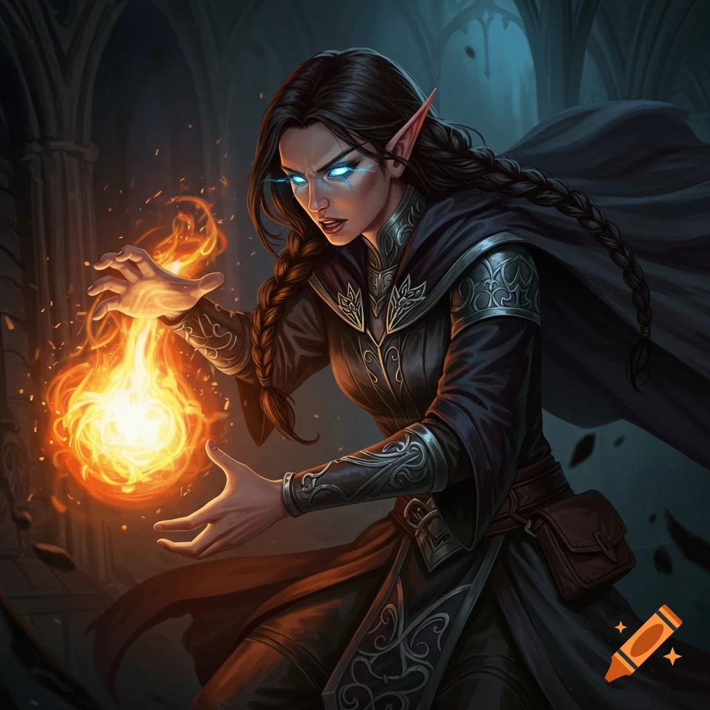 A female elven mage with glowing blue eyes casting a fireball in a dark dungeon.
