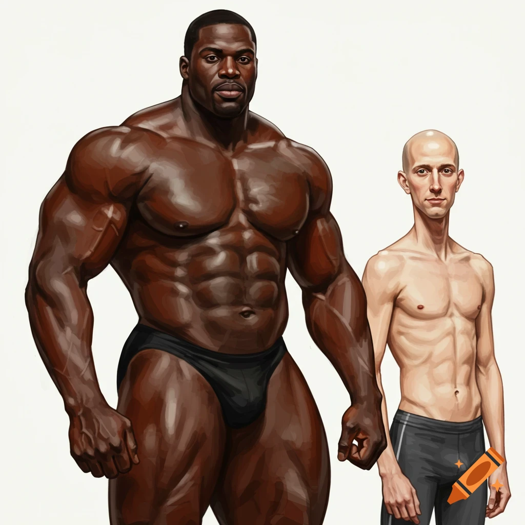A large muscular man stands next to a thin bald man.