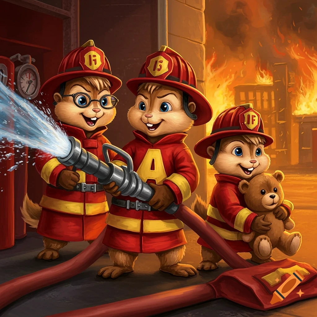 Cartoon chipmunks in firefighter gear spraying water and holding a teddy bear, with a burning building in the background.