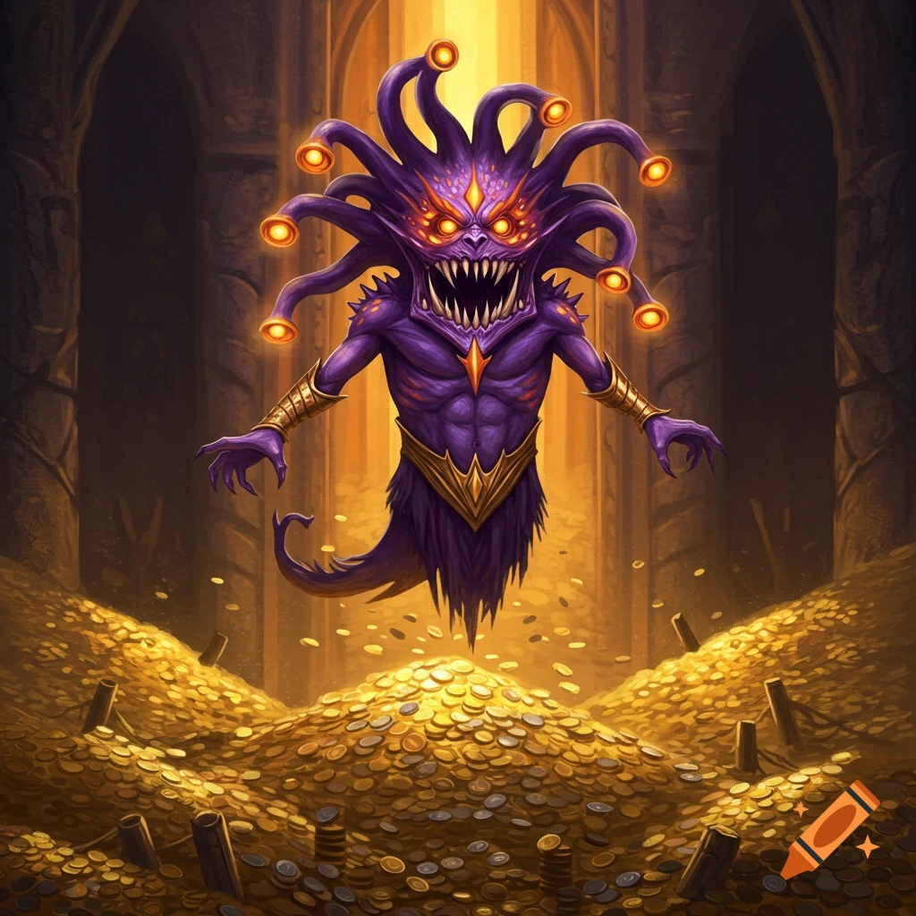 A purple and orange monster with multiple eyes floats above a large pile of gold coins in a dark fantasy setting.