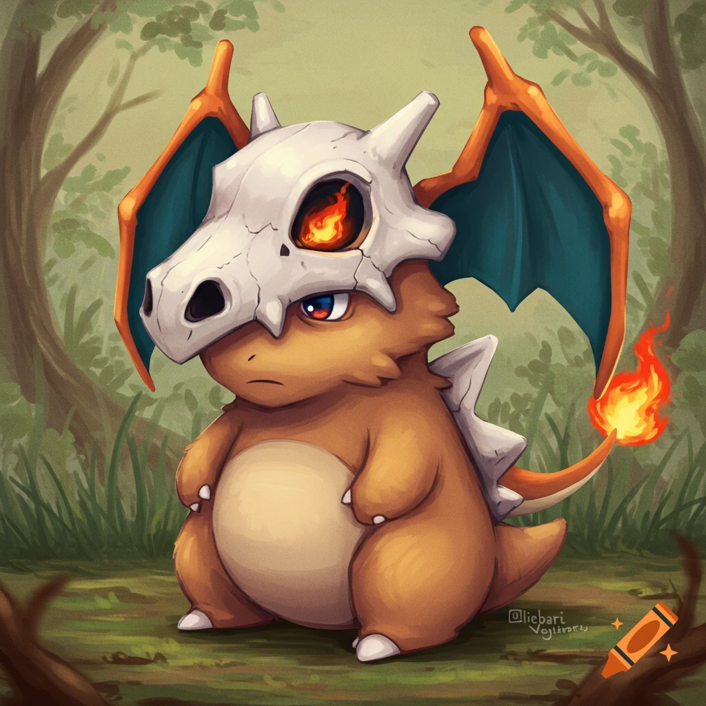 Cartoon creature resembling Cubone wearing a Charizard skull in a forest.