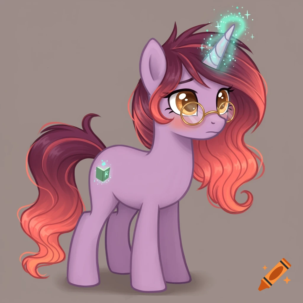 A shy lavender unicorn pony with gradient mane, glasses, and a glowing horn.