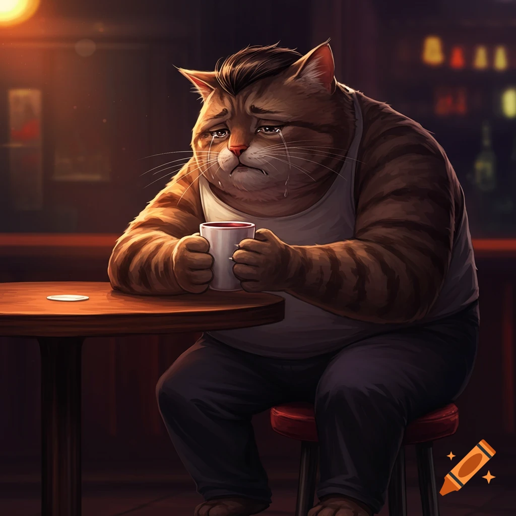A sad tabby cat wearing a tank top is holding a mug while sitting at a bar.