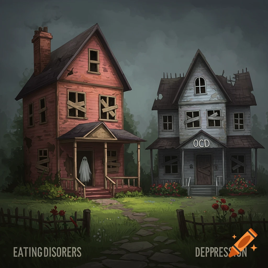 Two spooky, dilapidated houses representing mental health conditions, labeled OCD, Eating Disorders, and Depression.