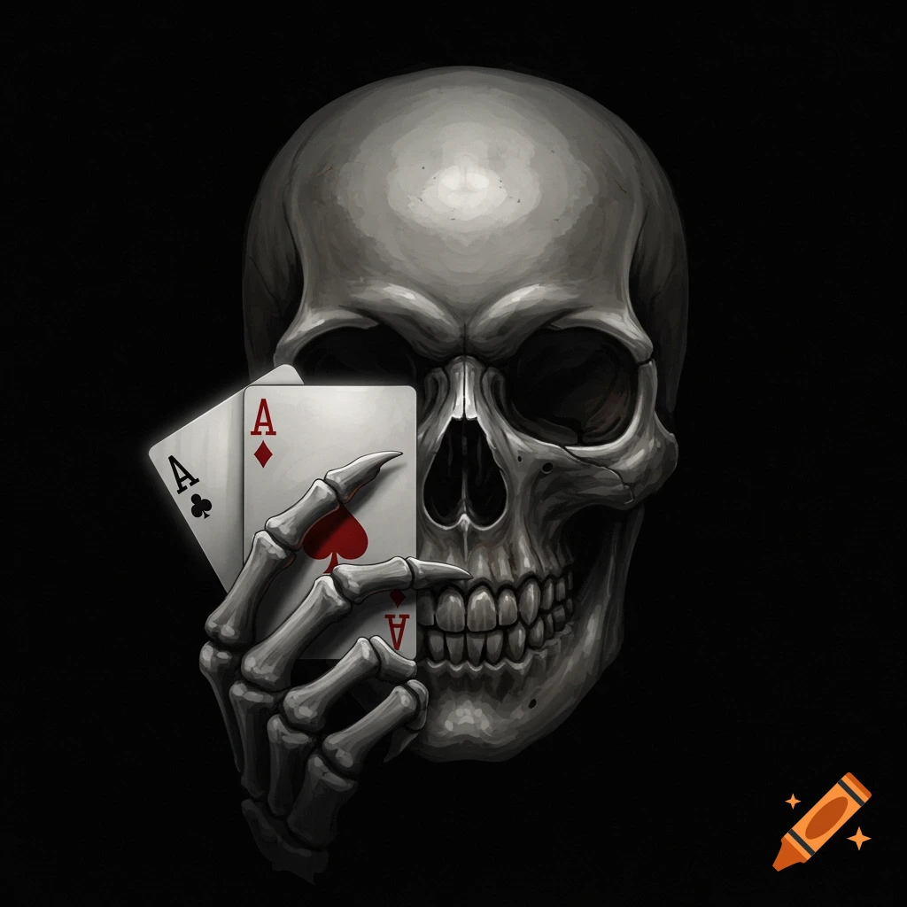 A skull holds two ace playing cards in a skeletal hand.