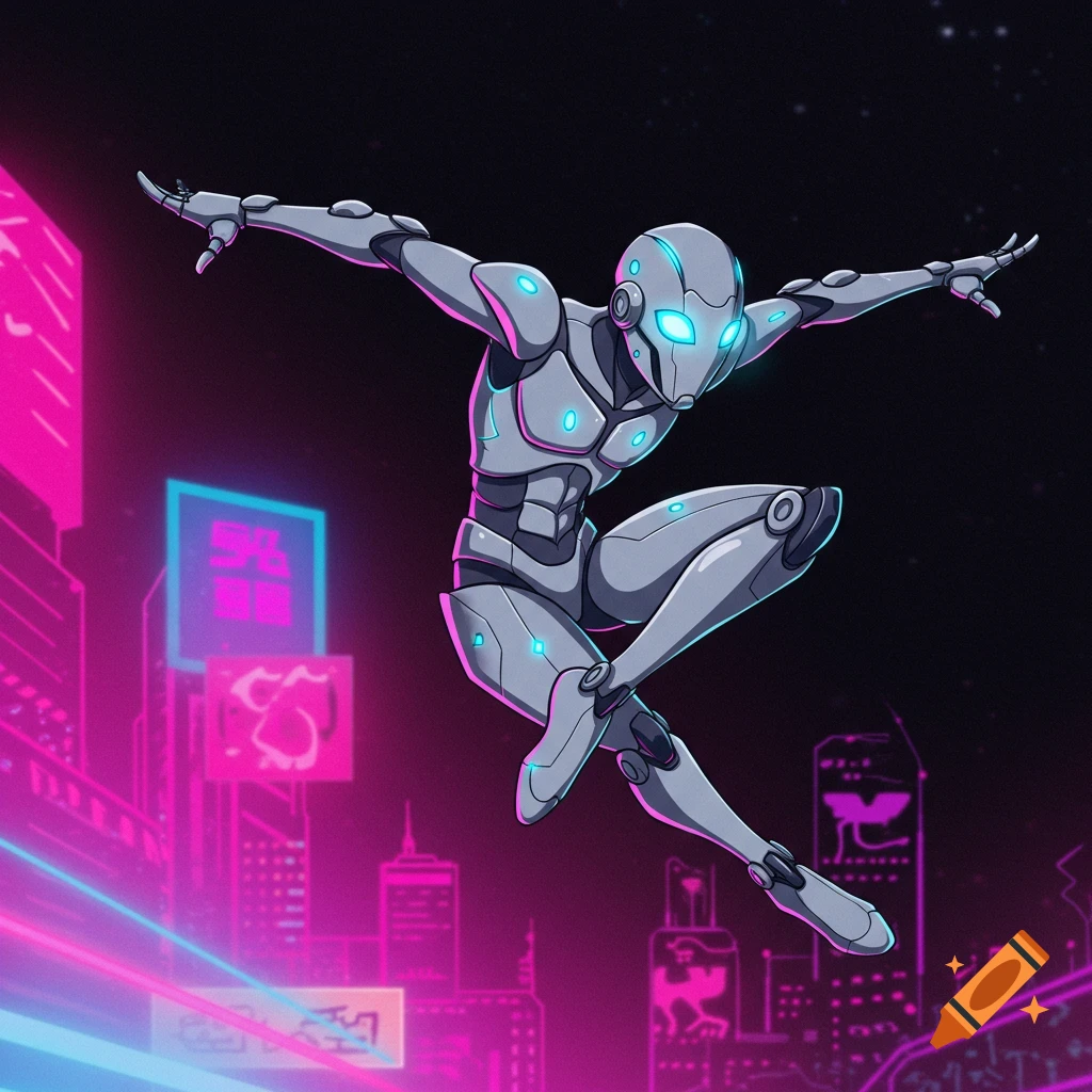 A sleek, futuristic ninja android leaps over a cyberpunk city street at night.