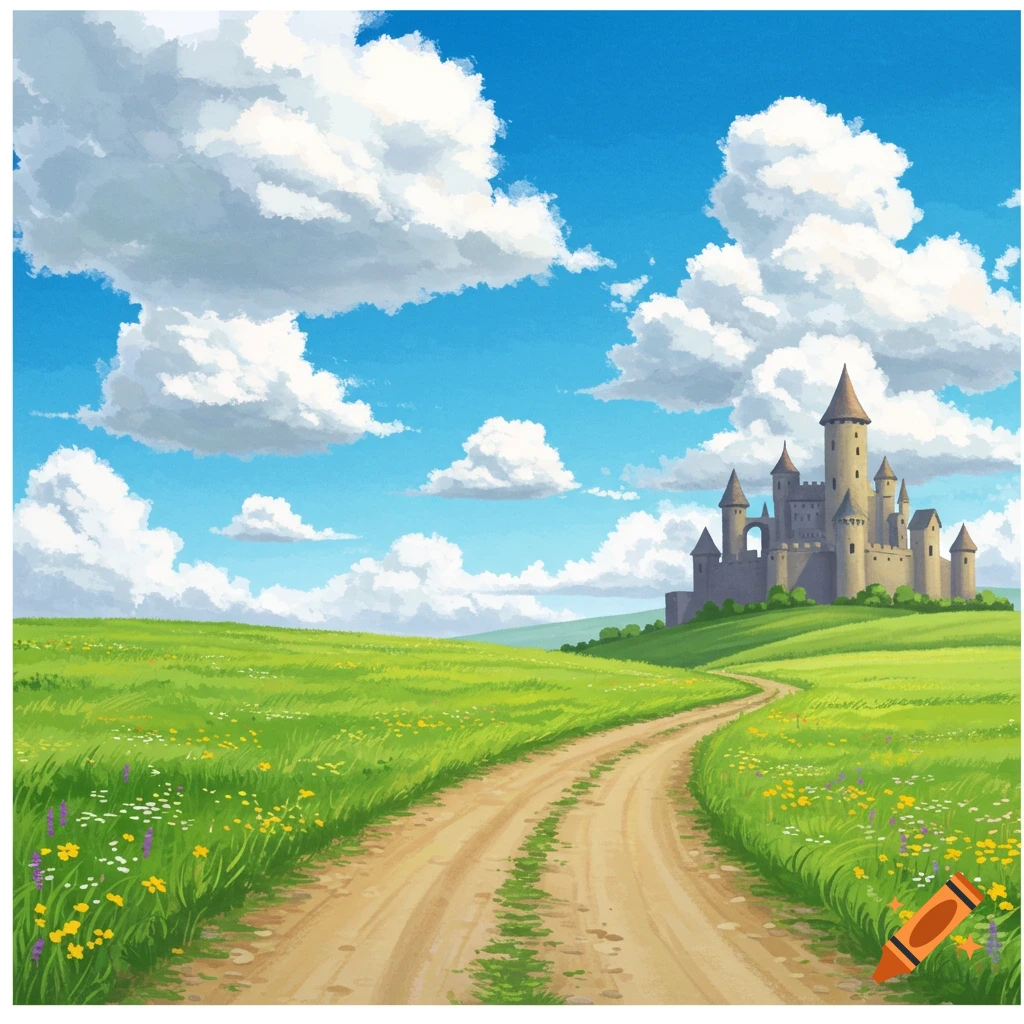 A road leads to a castle situated on a grassy hill, under a cloudy blue sky.
