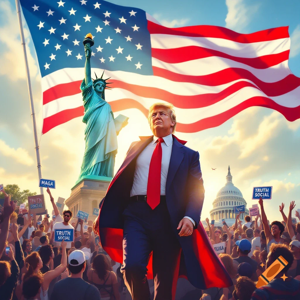 Donald Trump in a suit and cape walks among a crowd with the Statue of Liberty, American flag, and US Capitol in the background. Stylized digital art.