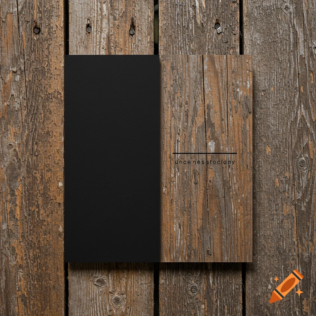 A black card leans against a piece of weathered wood, both resting on a rustic wooden surface.
