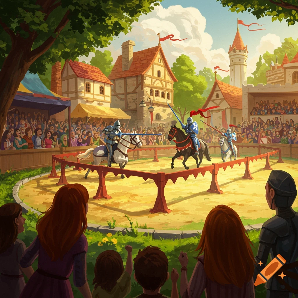 A scene depicts a medieval jousting tournament, with knights on horseback engaging in combat while a large crowd observes.