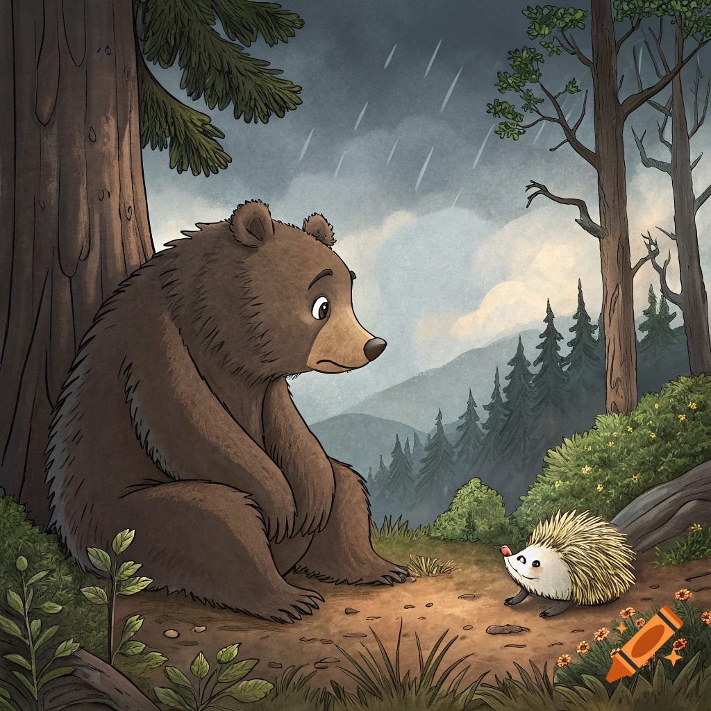 A cartoon bear sits under a tree in the rain looking at a hedgehog.