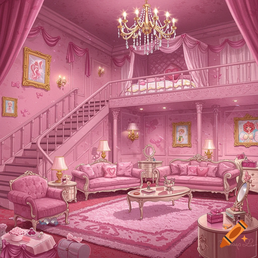 Pink bedroom interior with loft bed, stairs, sofas, and chandelier, digital art.