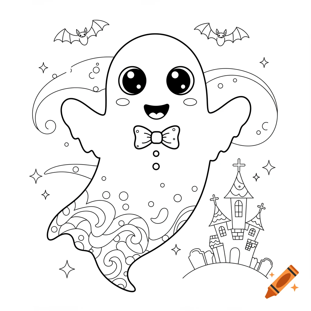 A cartoon coloring page featuring a cute ghost with a bow tie, bats, a haunted house, and stars.
