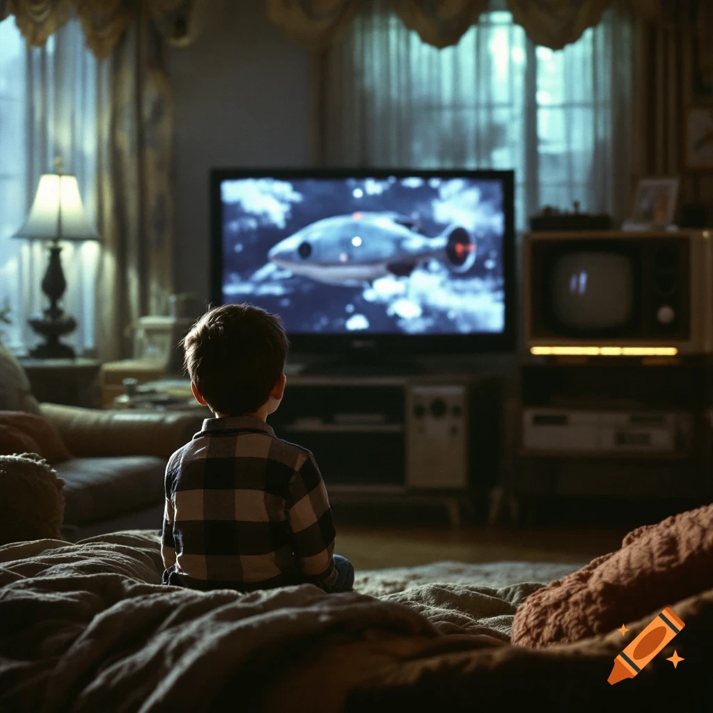 A boy sits on a bed watching a sci-fi image on a vintage television.