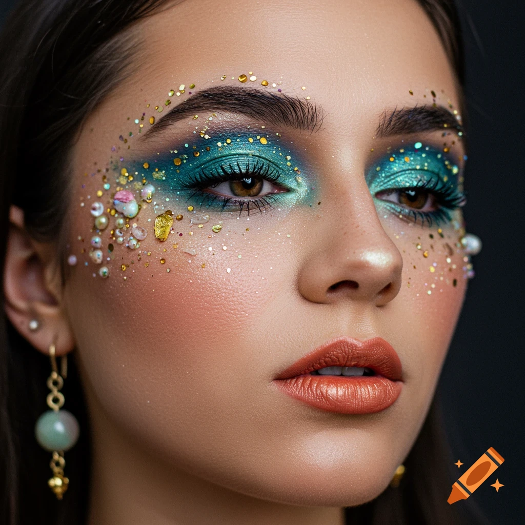 Close-up portrait of a woman with intricate green and gold glitter makeup and face gems.