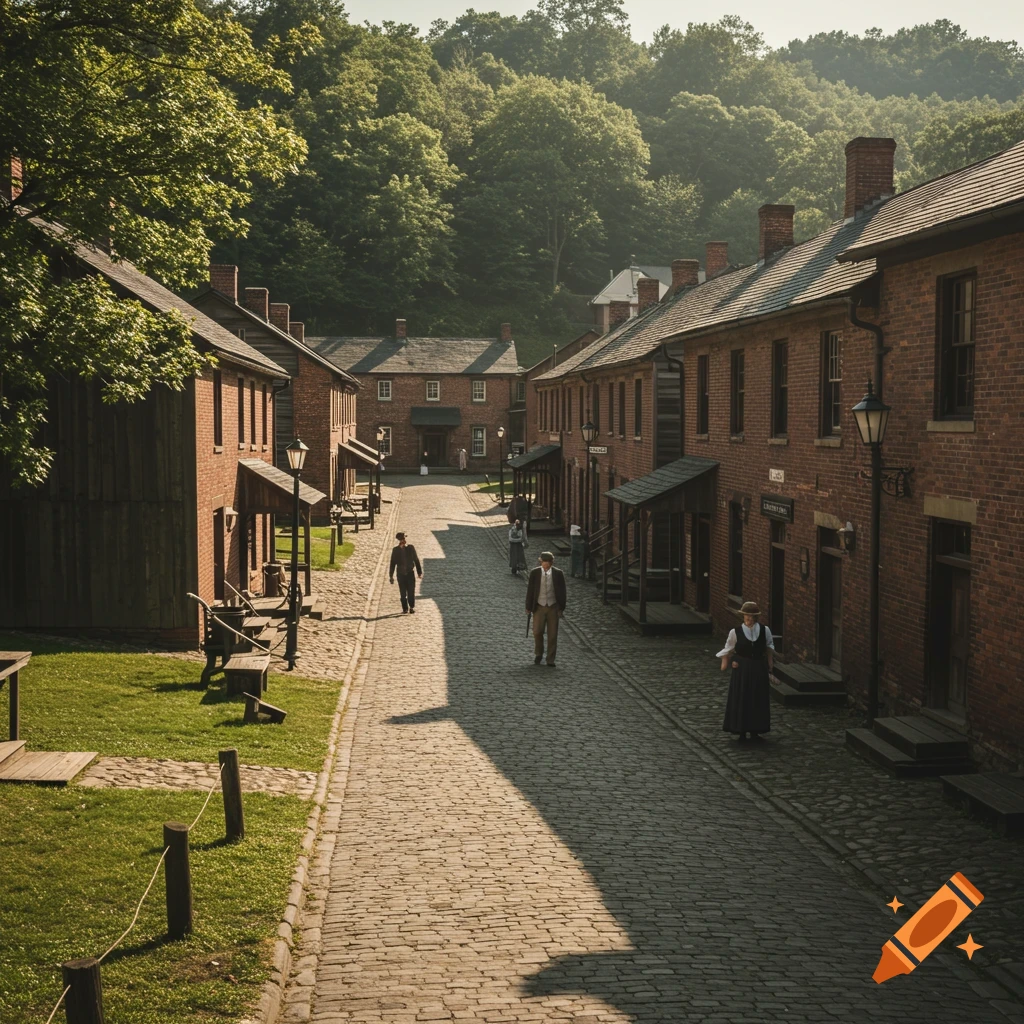 Photorealistic image of a historical brick building street in a village with people in period clothing.