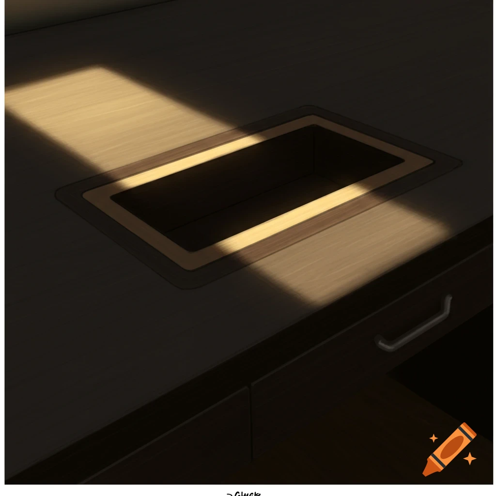 A desk surface with a pencil compartment, lit by sunlight.
