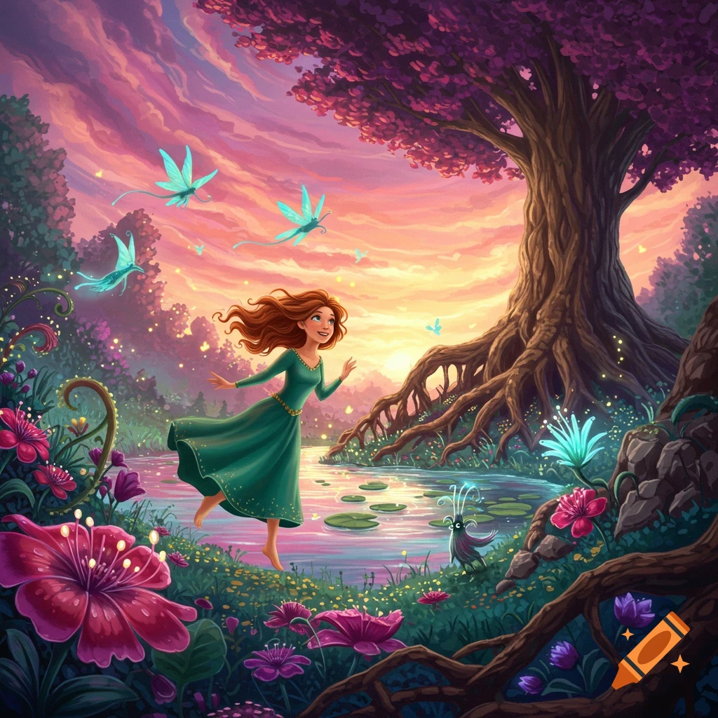 A girl runs through a magical forest landscape with glowing flowers and dragonflies.